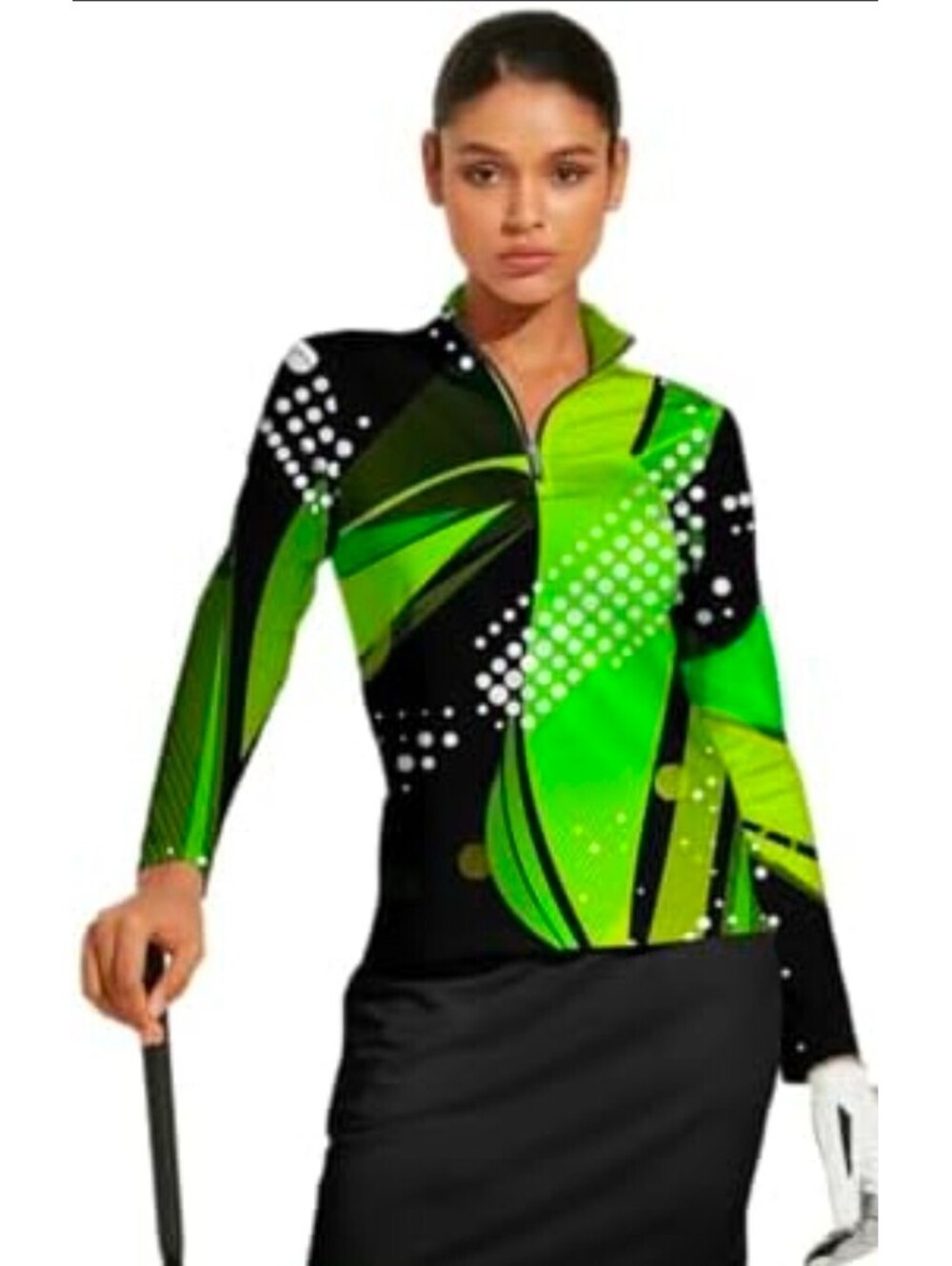 Acegolfs Women's Long Sleeve Golf Shirt Green Black Abstract Print Medium NEW